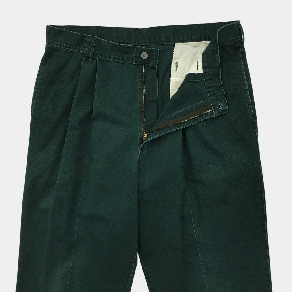VINTAGE Mens Double Pleated Relaxed Chino Pants Green Cotton Made in USA 34x29